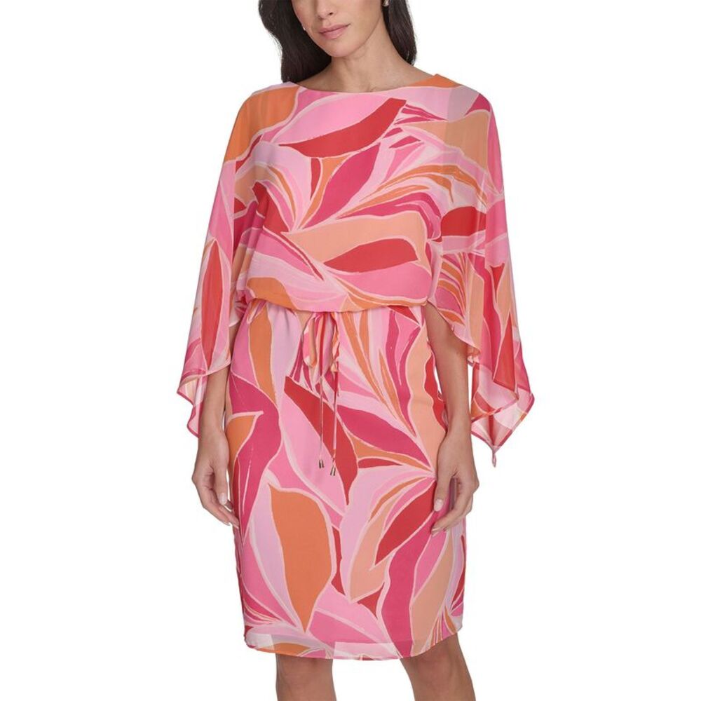 Jessica Howard Womens Printed Chiffon 3/4-Sleeve Blouson Dress 14 Pink NWT $119